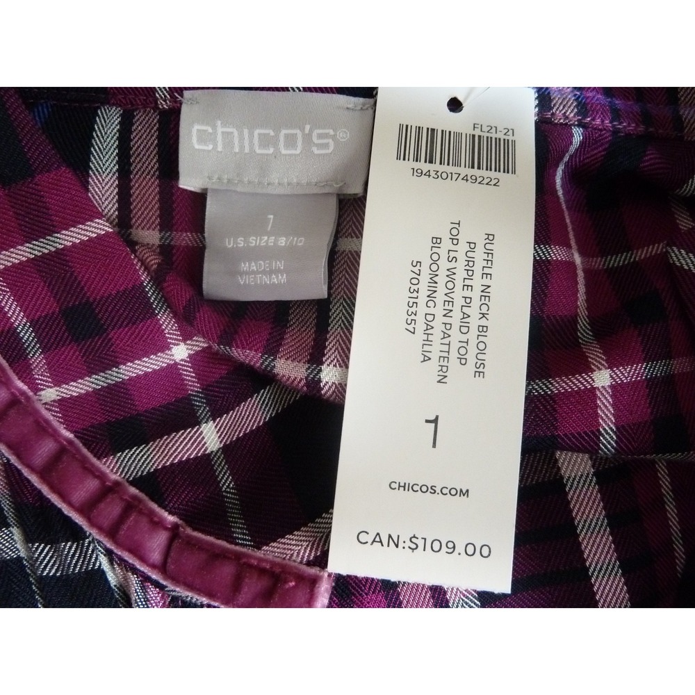 NWT CHICO'S Sz 1=8/10, Med. Ruffle Purple Plaid Blouse Country Cottage Western - Picture 5 of 6